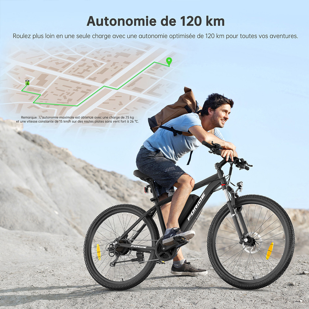Foride Xtremer 2 V&eacute;lo &eacute;lectrique, moteur 250 W, batterie 36 V 15,6 Ah, pneus 27,5 x 2,35 pouces, vitesse maximale 25 km/h, autonomie maximale 120 km, frein &agrave; disque hydraulique, fourche &agrave; suspension verrouillable, transmission Shimano 24 vitesses