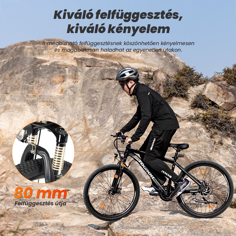 Touroll U1 26 h&uuml;velykes elektromos hegyiker&eacute;kp&aacute;r 250 W-os motorral, 36 V 13 Ah kivehető akkumul&aacute;torral, 65 km-es max. hat&oacute;t&aacute;vols&aacute;ggal, Shimano 21 sebess&eacute;ges hajt&aacute;sl&aacute;nccal, Shimano 21 sebess&eacute;ges t&aacute;rcsaf&eacute;kkel, IPX4 v&iacute;z&aacute;ll&oacute;s&aacute;ggal - fekete