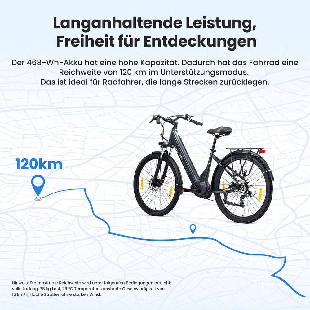 Touroll Urbano 3 Elektrofahrrad, 250-W-Mittelmotor, 36-V-13-Ah-Akku, 27,5-Zoll-Reifen, 25 km/h H&ouml;chstgeschwindigkeit, 120 km Reichweite, hydraulische Scheibenbremse, Federgabel mit Verriegelung