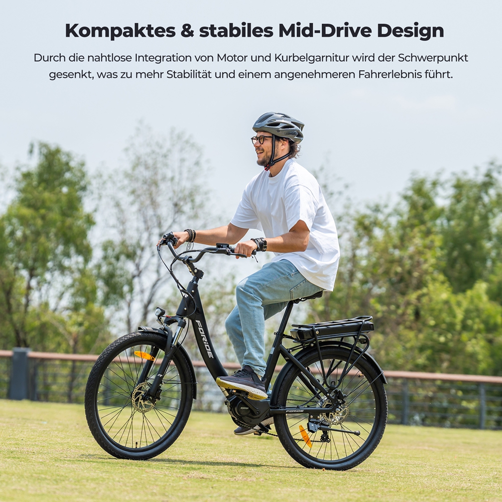Foride Urbano 2 Elektrofahrrad, 250-W-Mittelmotor, 36-V-13-Ah-Akku, 26-Zoll-Reifen, 25 km/h H&ouml;chstgeschwindigkeit, 100 km Reichweite, hydraulische Scheibenbremse, Federung mit Sperre, Shimano 7-Gang