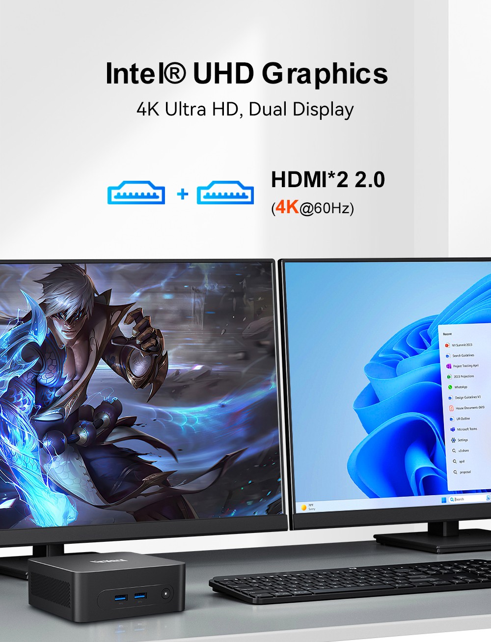 Ninkear N10 Mini-PC, Intel N100 4 Kerne, max. 3,4 GHz, 16 GB RAM, 512 GB SSD, 2 x HDMI 2.0 (4K bei 60 Hz), Dual-Display, 2,4/5 GHz WLAN, Bluetooth 5.0, 1 x Typ C, 3 x USB 3.0, 1 x USB 2.0, 1 x RJ45, 1 x Kopfhöreranschluss