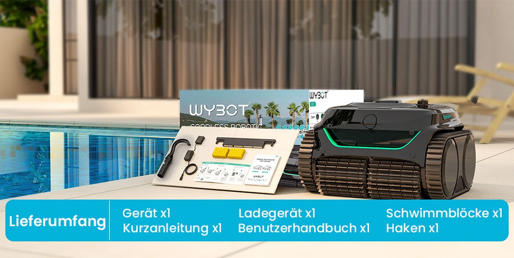 WYBOT C2 Kabelloser Pool-Staubsaugerroboter, Wand- und Wasserlinienreinigung, doppelte Reinigungsfiltration, f&uuml;r eingebaute Pools bis zu 235 m&sup2;, Schwarz/Gr&uuml;n