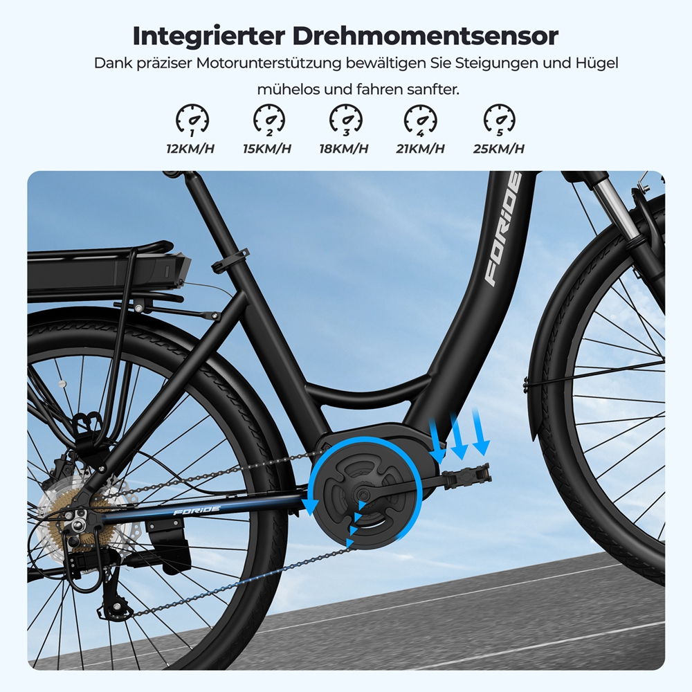 Foride Urbano 2 Elektrofahrrad, 250-W-Mittelmotor, 36-V-13-Ah-Akku, 26-Zoll-Reifen, 25 km/h H&ouml;chstgeschwindigkeit, 100 km Reichweite, hydraulische Scheibenbremse, Federung mit Sperre, Shimano 7-Gang