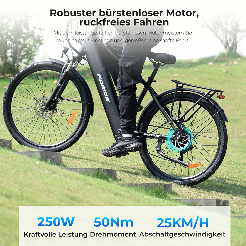 Foride Roamer 1 Step-over-Elektrofahrrad, 250-W-Motor, 36-V-13-Ah-Akku, 27,5-Zoll-Reifen, 25 km/h H&ouml;chstgeschwindigkeit, 100 km maximale Reichweite, Scheibenbremse, Federung mit Sperre, Shimano 7-Gang