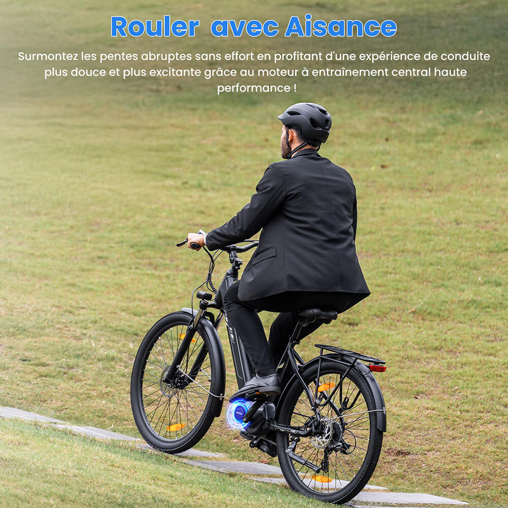 Touroll Urbano 3 V&eacute;lo &eacute;lectrique, moteur central 250 W, batterie 36 V 13 Ah, pneus 27,5 pouces, vitesse maximale 25 km/h, autonomie 120 km, frein &agrave; disque hydraulique, fourche &agrave; suspension avec blocage