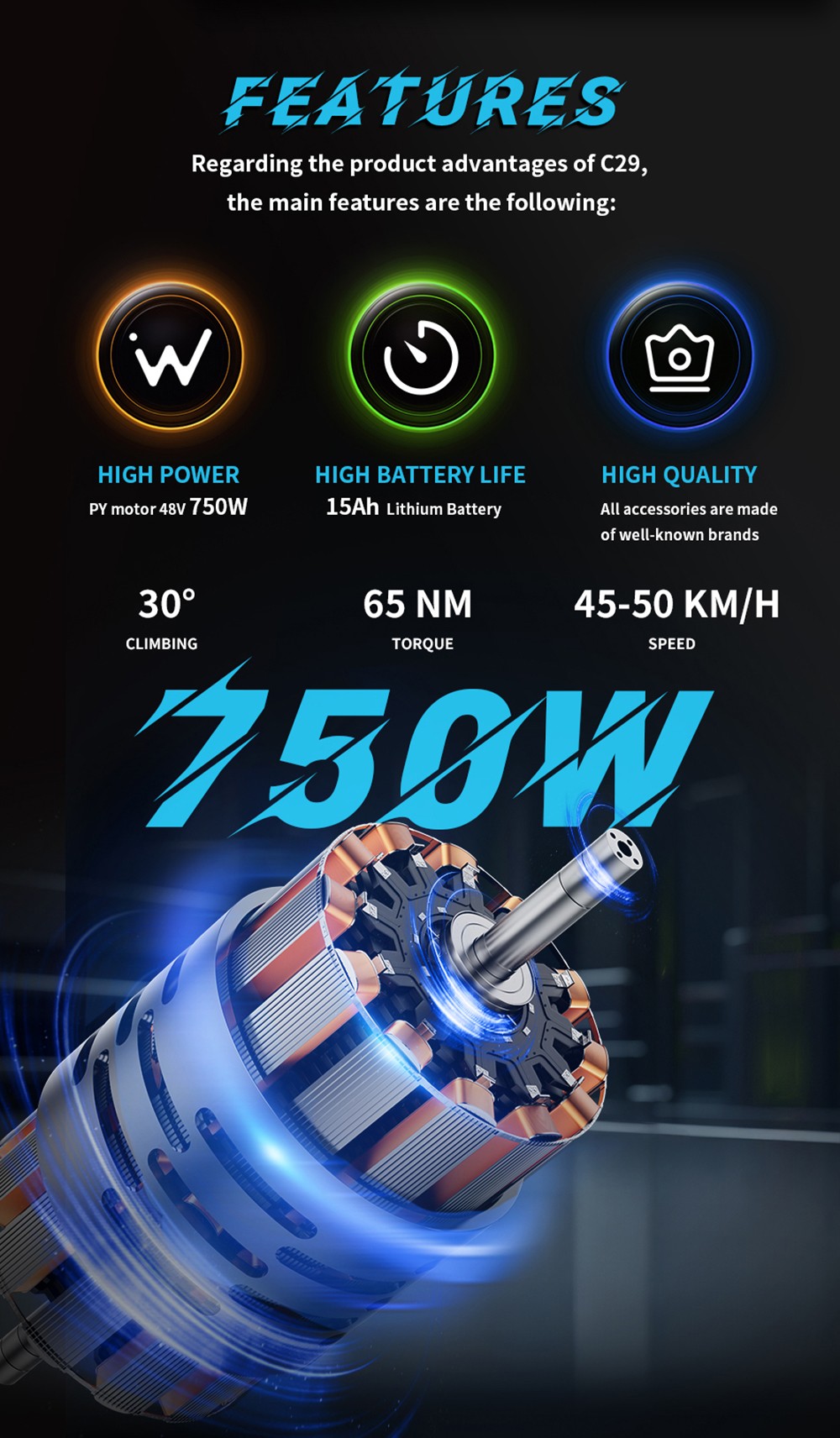 DUOTTS C29 V&eacute;lo &eacute;lectrique 750 W Roue 29 x 2,1 pouces Batterie 48 V 15 Ah Autonomie 50 km Vitesse maximale 50 km/h Shimano 21 vitesses V&eacute;lo de montagne &eacute;lectrique avec porte-bagages arri&egrave;re IP54 &Eacute;tanch&eacute;it&eacute; Smart APP - Noir