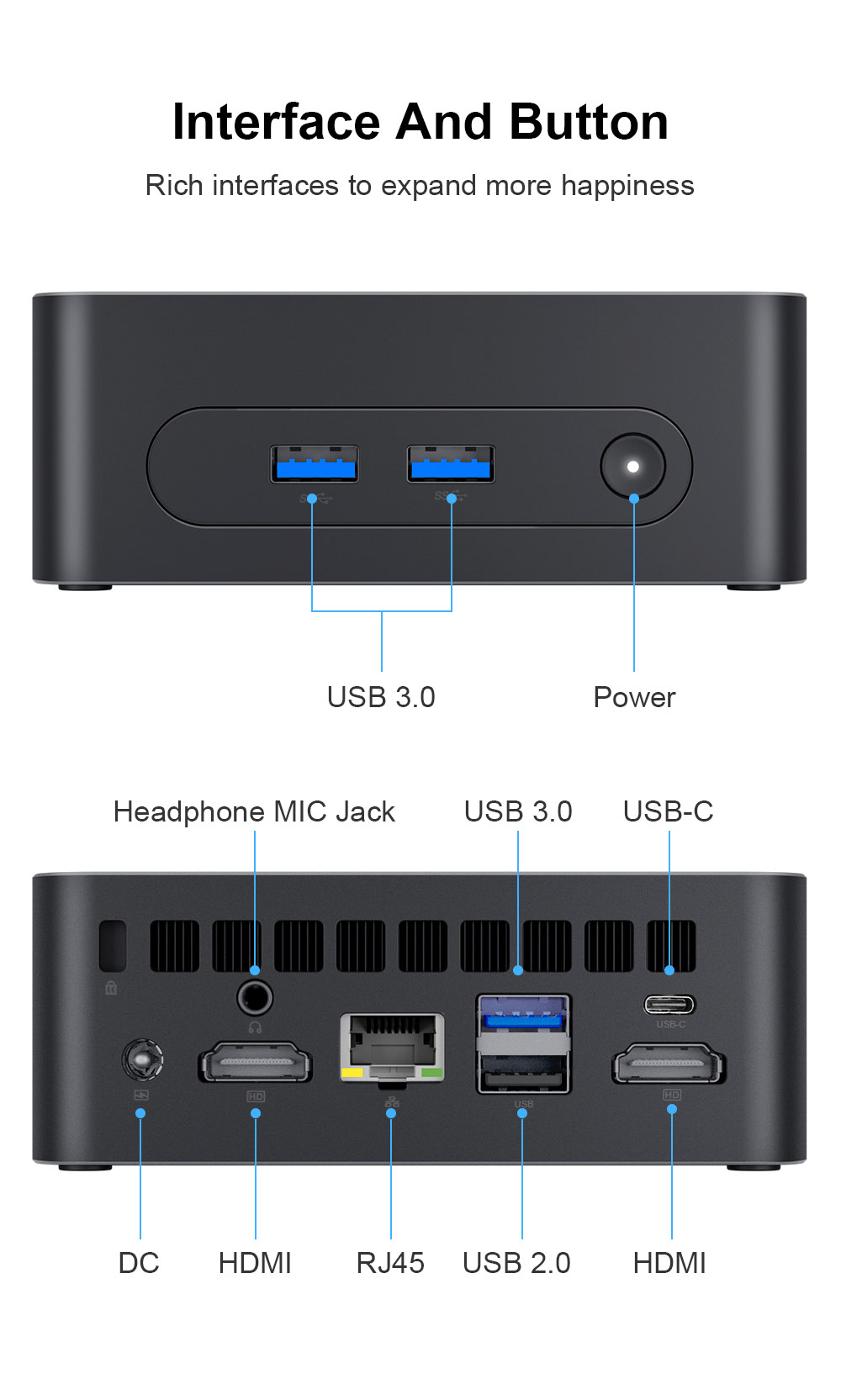Ninkear N10 Mini PC, Intel N100 4 magos, maximum 3,4 GHz, 16 GB RAM, 512 GB SSD, 2*HDMI 2.0 (4K@60Hz) dupla kijelző, 2,4/5 GHz WiFi, Bluetooth 5.0, 1*Type-C, 3*USB 3.0, 1*USB 2.0, 1*RJ45, 1*Fejhallgató csatlakozó