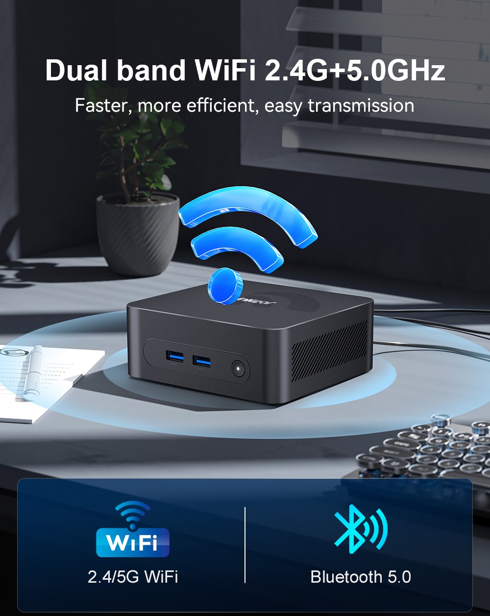 Ninkear N10 Mini PC, Intel N100 4 cœurs Max 3,4 GHz, 16 Go de RAM 512 Go SSD, 2 * HDMI 2.0 (4K à 60 Hz) double écran, 2,4 / 5 GHz WiFi Bluetooth 5.0, 1 * Type C, 3 * USB 3.0 1 * USB 2.0 1 * RJ45 1 * prise casque