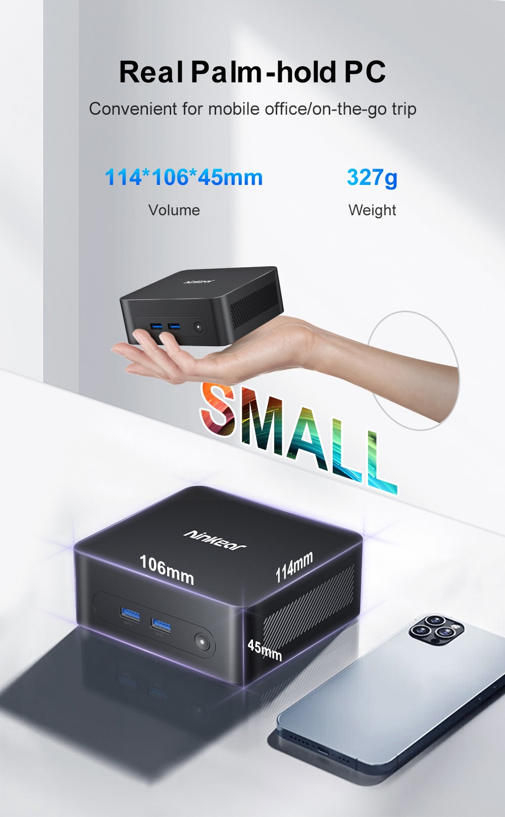 Ninkear N10 Mini-PC, Intel N100 4 Kerne, max. 3,4 GHz, 16 GB RAM, 512 GB SSD, 2 x HDMI 2.0 (4K bei 60 Hz), Dual-Display, 2,4/5 GHz WLAN, Bluetooth 5.0, 1 x Typ C, 3 x USB 3.0, 1 x USB 2.0, 1 x RJ45, 1 x Kopfhöreranschluss