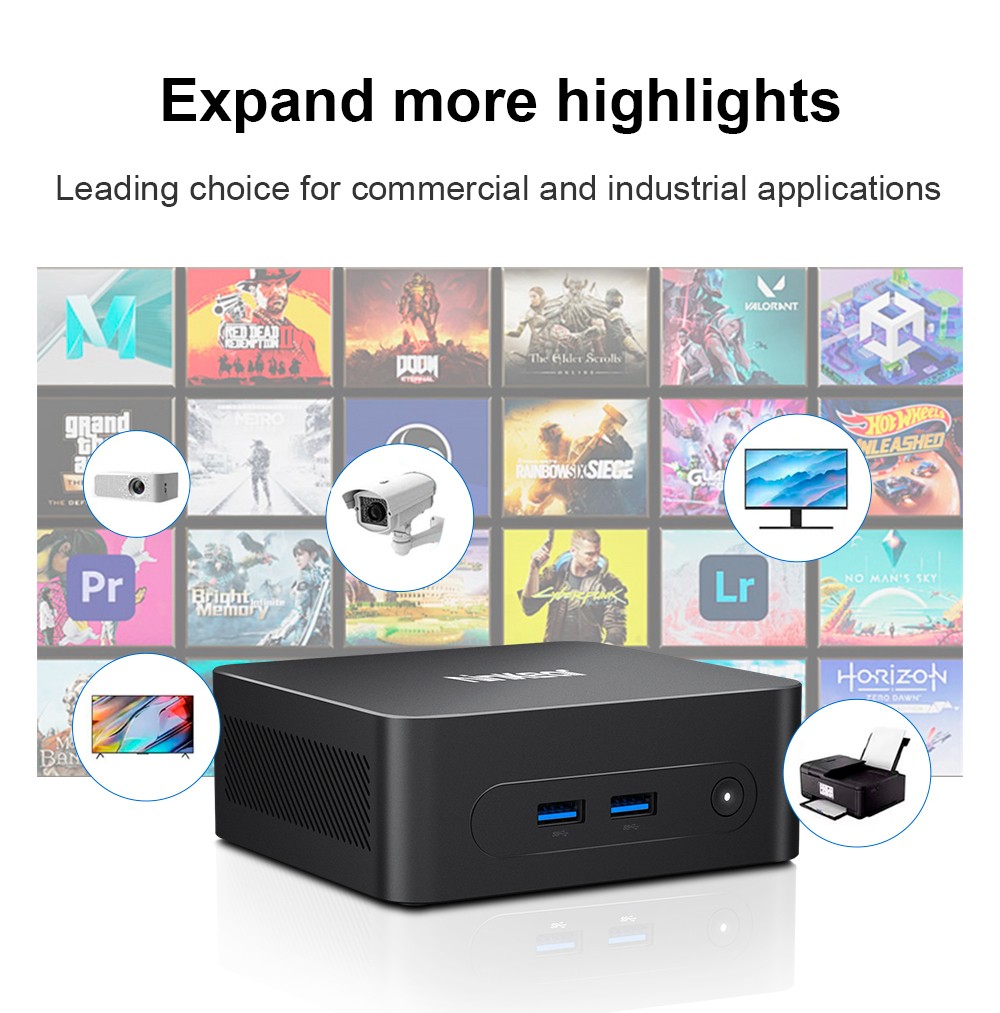 Ninkear N10 Mini PC, Intel N100 4 magos, maximum 3,4 GHz, 16 GB RAM, 512 GB SSD, 2*HDMI 2.0 (4K@60Hz) dupla kijelző, 2,4/5 GHz WiFi, Bluetooth 5.0, 1*Type-C, 3*USB 3.0, 1*USB 2.0, 1*RJ45, 1*Fejhallgató csatlakozó
