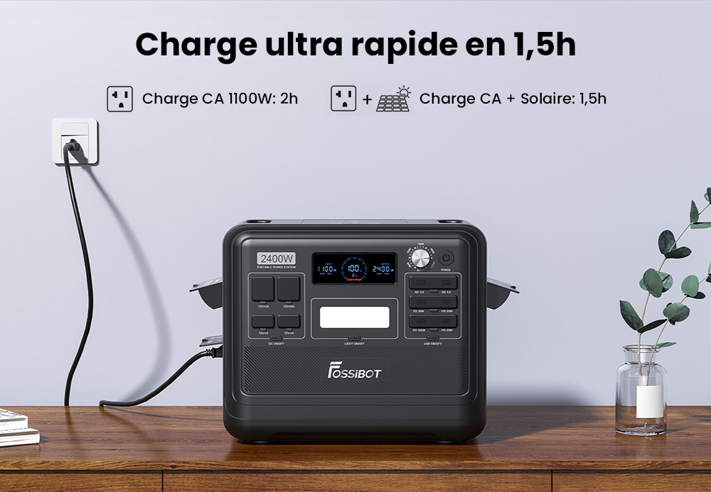 Centrale &eacute;lectrique portable FOSSiBOT F2400, batterie LiFePO4 2048 Wh/640&nbsp;000 mAh, g&eacute;n&eacute;rateur solaire 2&nbsp;400 W (4&nbsp;600 W en cr&ecirc;te), 3 prises AC RV Car USB Type-C QC3.0 PD DC5521 &agrave; onde sinuso&iuml;dale pure, charge rapide en 1,5 heure, contr&ocirc;leur de charge MPPT BMS - Noir