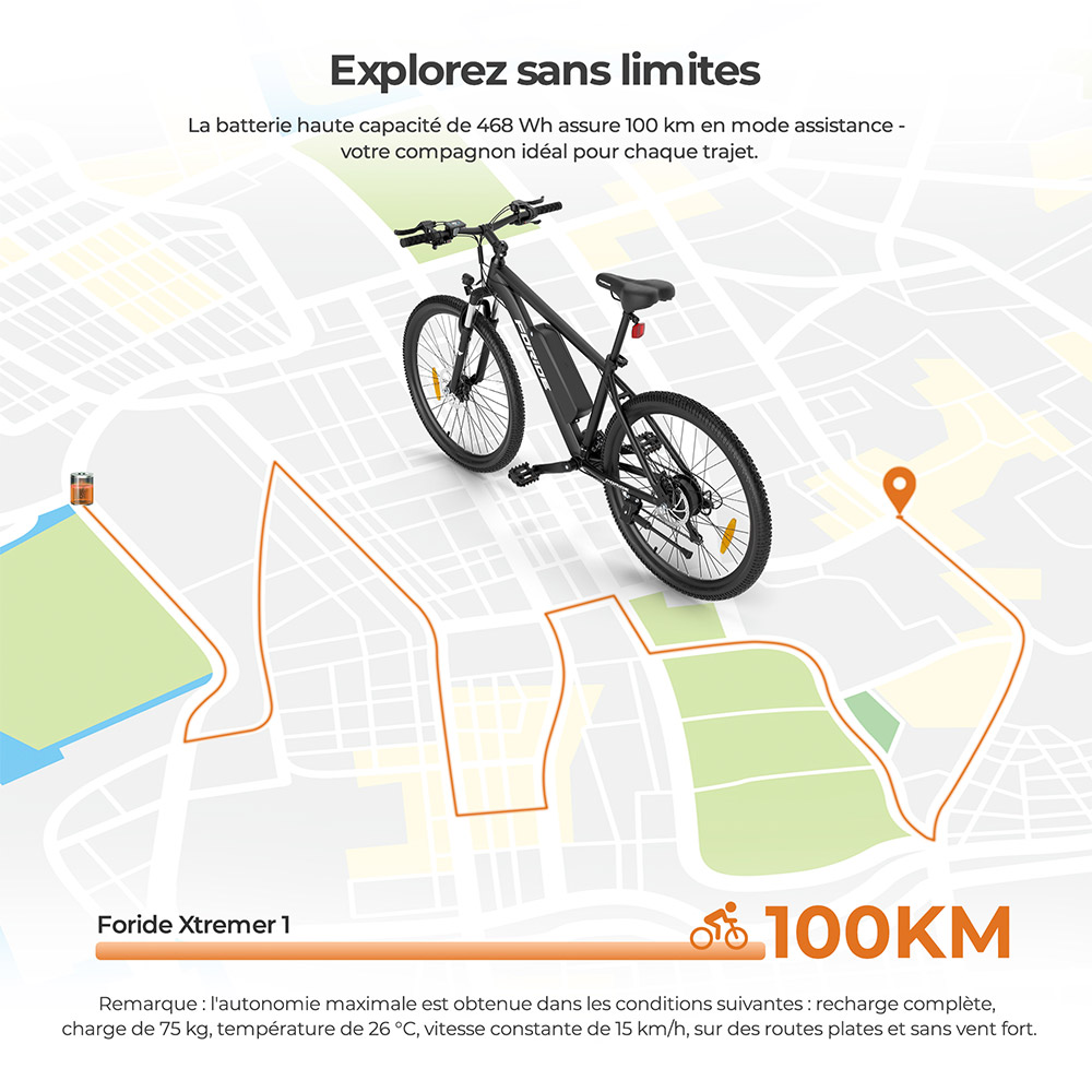 Foride Xtremer 1 Vélo électrique, moteur 250 W, batterie 36 V 13 Ah, pneus 29 pouces, vitesse maximale 25 km/h, autonomie maximale 100 km, freins à disque et freins à main, suspension avec blocage, transmission Shimano 21 vitesses