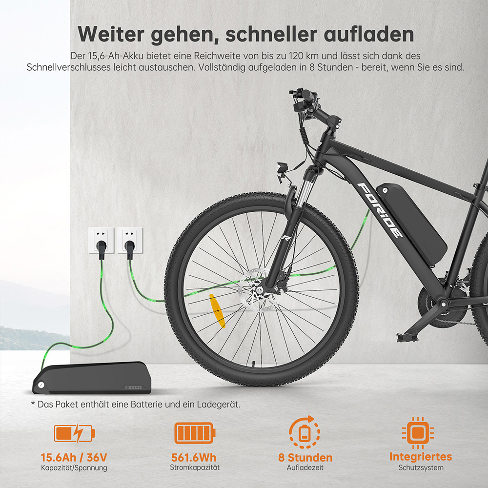 Foride Xtremer 2 Elektrofahrrad, 250W Motor, 36V 15,6Ah Akku, 27,5 x 2,35 Zoll Reifen, 25 km/h H&ouml;chstgeschwindigkeit, 120 km maximale Reichweite, hydraulische Scheibenbremse, feststellbare Federgabel, Shimano 24-Gang-Getriebe