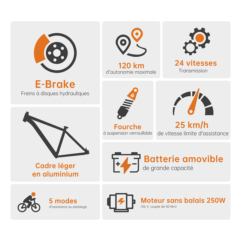 Foride Xtremer 2 V&eacute;lo &eacute;lectrique, moteur 250 W, batterie 36 V 15,6 Ah, pneus 29 pouces, vitesse maximale 25 km/h, autonomie maximale 120 km, frein &agrave; disque hydraulique, fourche &agrave; suspension verrouillable, transmission Shimano 24 vitesses