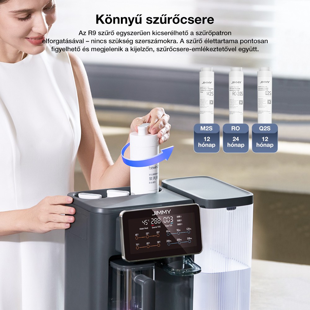 JIMMY R9 Asztali Reverz Ozm&oacute;zis V&iacute;zszűrő, 7 Fokozat + UV + &Aacute;sv&aacute;nyoz&aacute;s, 3s Melegv&iacute;z, 7 Hőfok, 3:1 Ar&aacute;ny, Sz&uuml;rke