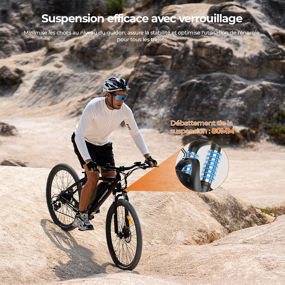 Foride Xtremer 1 Vélo électrique, moteur 250 W, batterie 36 V 13 Ah, pneus 29 pouces, vitesse maximale 25 km/h, autonomie maximale 100 km, freins à disque et freins à main, suspension avec blocage, transmission Shimano 21 vitesses