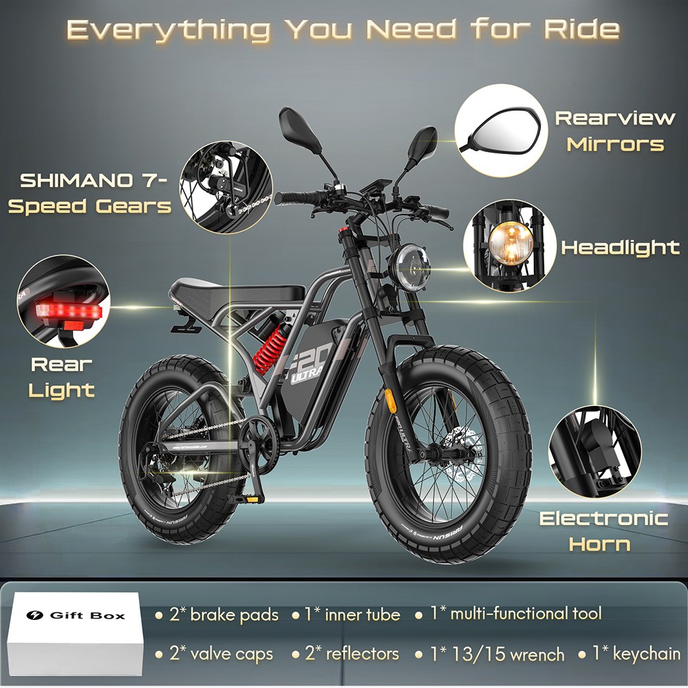 Fafrees F20 Ultra Elektromos Kerékpár (Fékkel Fejlesztett Verzió), 750 W-os Motor, 48 V 25 Ah Akkumulátor, 20 hüvelykes Gumiabroncsok, 140 km-es Hatótávolság, Mechanikus Tárcsafékek, Hidraulikus Rugózás, Shimano 7 Sebességváltó - Fegyvermetál Fekete