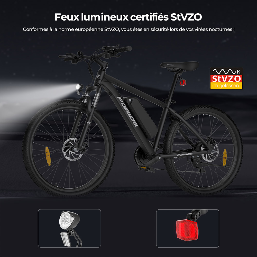 Foride Xtremer 1 Vélo électrique, moteur 250 W, batterie 36 V 13 Ah, pneus 29 pouces, vitesse maximale 25 km/h, autonomie maximale 100 km, freins à disque et freins à main, suspension avec blocage, transmission Shimano 21 vitesses