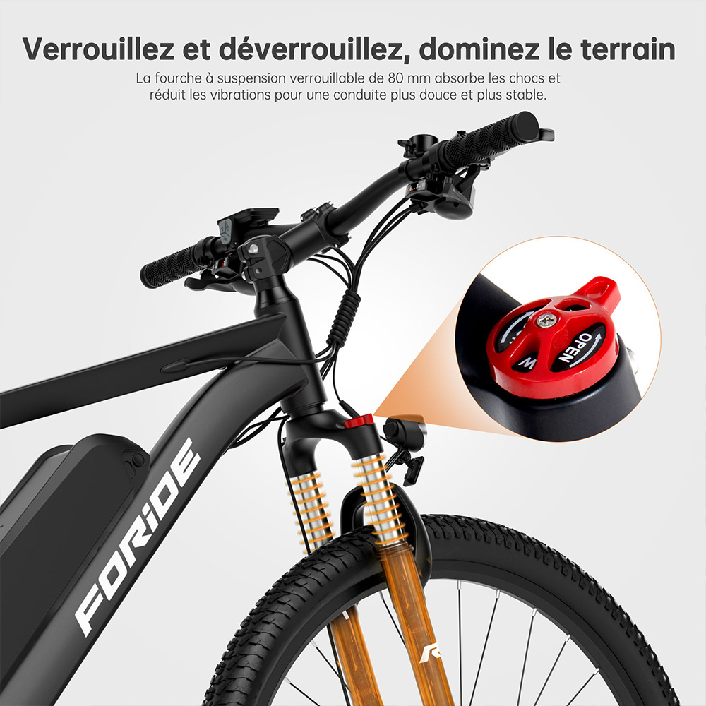 Foride Xtremer 2 V&eacute;lo &eacute;lectrique, moteur 250 W, batterie 36 V 15,6 Ah, pneus 29 pouces, vitesse maximale 25 km/h, autonomie maximale 120 km, frein &agrave; disque hydraulique, fourche &agrave; suspension verrouillable, transmission Shimano 24 vitesses