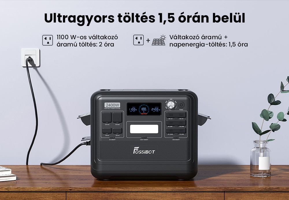 FOSSiBOT F2400 hordozhat&oacute; erőmű, 2048 Wh LiFePO4 akkumul&aacute;tor, 2400 W teljes&iacute;tm&eacute;nyű napelemes gener&aacute;tor, 3xAC lak&oacute;aut&oacute;s USB C t&iacute;pus&uacute; QC3.0 PD DC5521 tiszta szinuszhull&aacute;m&uacute; teljes aljzat, 1,5 &oacute;r&aacute;s gyors t&ouml;lt&eacute;s, bemeneti teljes&iacute;tm&eacute;nyszab&aacute;lyoz&oacute; gomb, k&eacute;tir&aacute;ny&uacute; inverter - z&ouml;ld