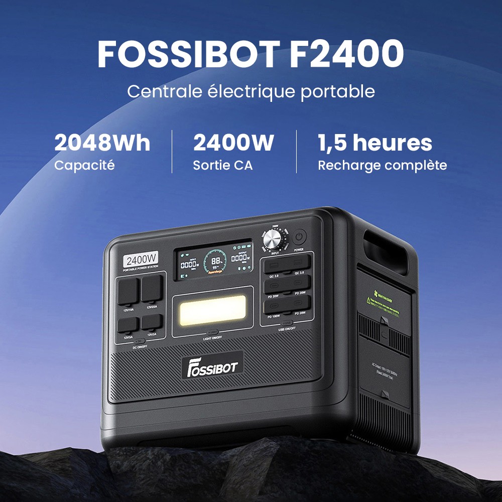 Centrale &eacute;lectrique portable FOSSiBOT F2400, batterie LiFePO4 2048 Wh/640&nbsp;000 mAh, g&eacute;n&eacute;rateur solaire 2&nbsp;400 W (4&nbsp;600 W en cr&ecirc;te), 3 prises AC RV Car USB Type-C QC3.0 PD DC5521 &agrave; onde sinuso&iuml;dale pure, charge rapide en 1,5 heure, contr&ocirc;leur de charge MPPT BMS - Noir