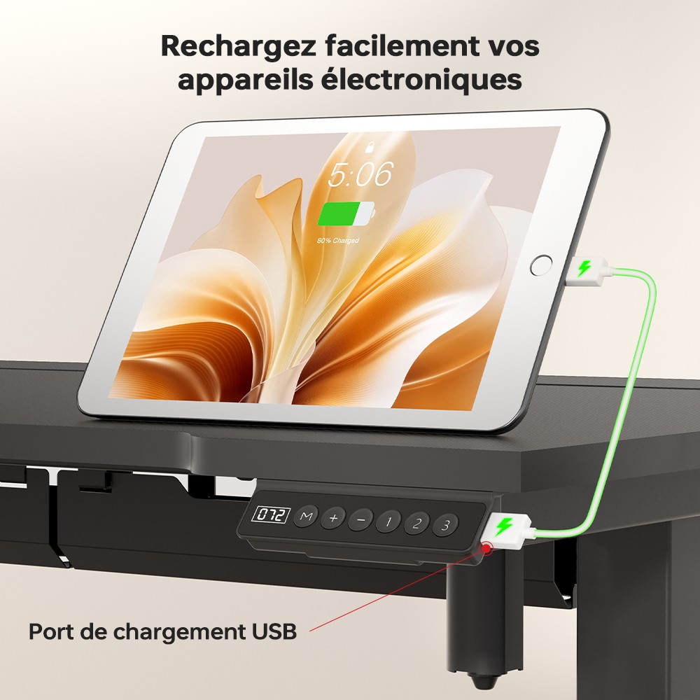 ACGAM JSD5-A1-02 Bureau &eacute;lectrique r&eacute;glable en hauteur avec bande LED RGB