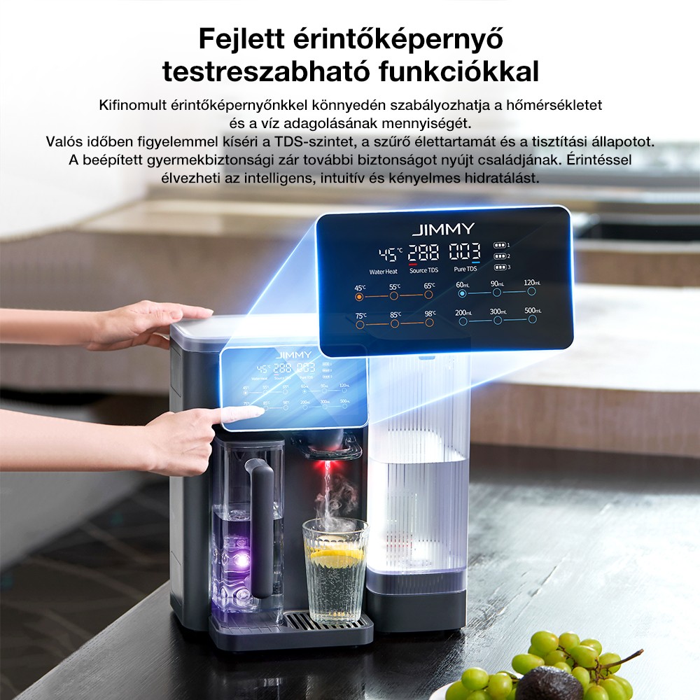 JIMMY R9 Asztali Reverz Ozm&oacute;zis V&iacute;zszűrő, 7 Fokozat + UV + &Aacute;sv&aacute;nyoz&aacute;s, 3s Melegv&iacute;z, 7 Hőfok, 3:1 Ar&aacute;ny, Sz&uuml;rke