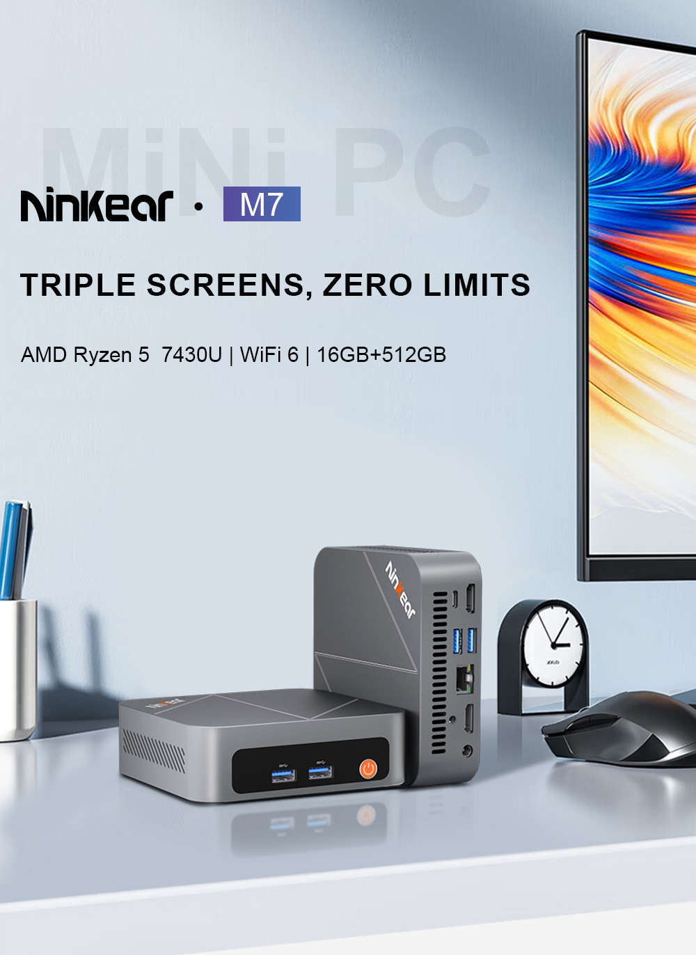 Ninkear M7 Mini-PC, AMD Ryzen 5 7430U 6 Kerne, max. 4,3 GHz, 16 GB RAM, 512 GB SSD, 2 x HDMI + Typ-C 4K-Dreifachbildschirm, WiFi 6, Bluetooth 5.2, 2 x USB 3.0, 2 x USB 2.0, 1 x RJ45, 1 x Audiobuchse