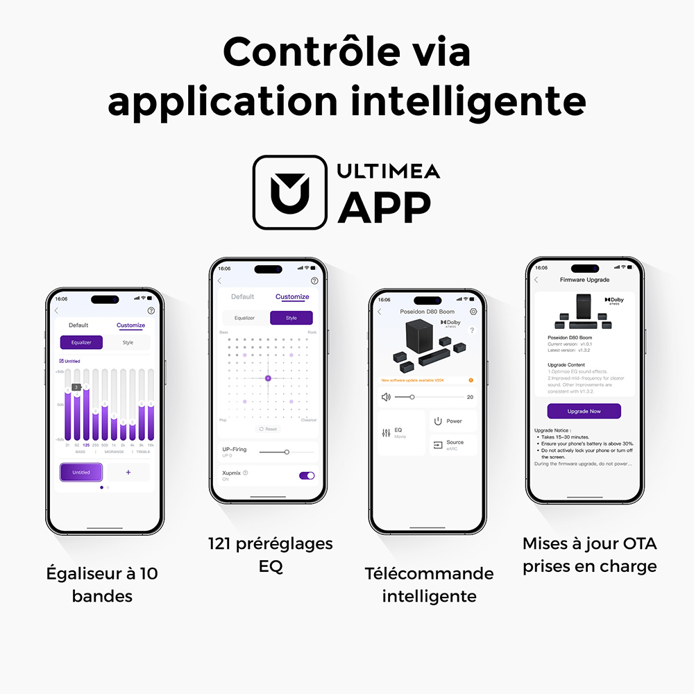 Ultimea Poseidon D80 Boom 7.1 Barre de son avec caisson de basses, Dolby Atmos, puissance de cr&ecirc;te de 500 W, contr&ocirc;le via application, &eacute;galiseur 10 bandes, 121 matrices d'&eacute;galisation pr&eacute;d&eacute;finies, Bluetooth 5.3