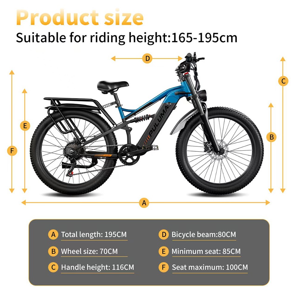PULUMA PE86 Electric Bike, 500W Motor, 48V 20Ah Battery, 26 inch Tires, 40km/h Max Speed, 150km Range, Hydraulic Brakes, Oil Spring Suspension System, Shimano 7-speed, LCD Display, Torque Sensor