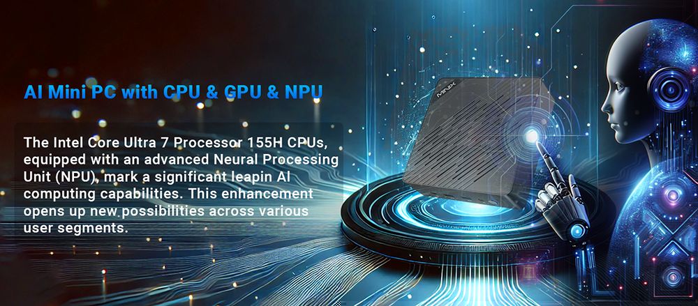 MINIX Elite EU715-AI Mini PC, Intel Core Ultra 7-155H 8 Cores Max 4.8GHz, 32GB DDR5 RAM 1TB SSD, HDMI + DP + Thunderbolt 4 + Type - C Quad 4K@60Hz Display, WiFi 6E, Bluetooth 5.3, 2*2.5G RJ45, 3*USB3.2, 1*Audio Jack - US Plug