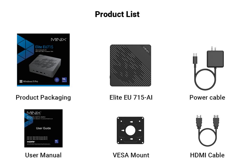 MINIX Elite EU715-AI Mini PC, Intel Core Ultra 7-155H 8 Cores Max 4.8GHz, 32GB DDR5 RAM 1TB SSD, HDMI + DP + Thunderbolt 4 + Type - C Quad 4K@60Hz Display, WiFi 6E, Bluetooth 5.3, 2*2.5G RJ45, 3*USB3.2, 1*Audio Jack - US Plug