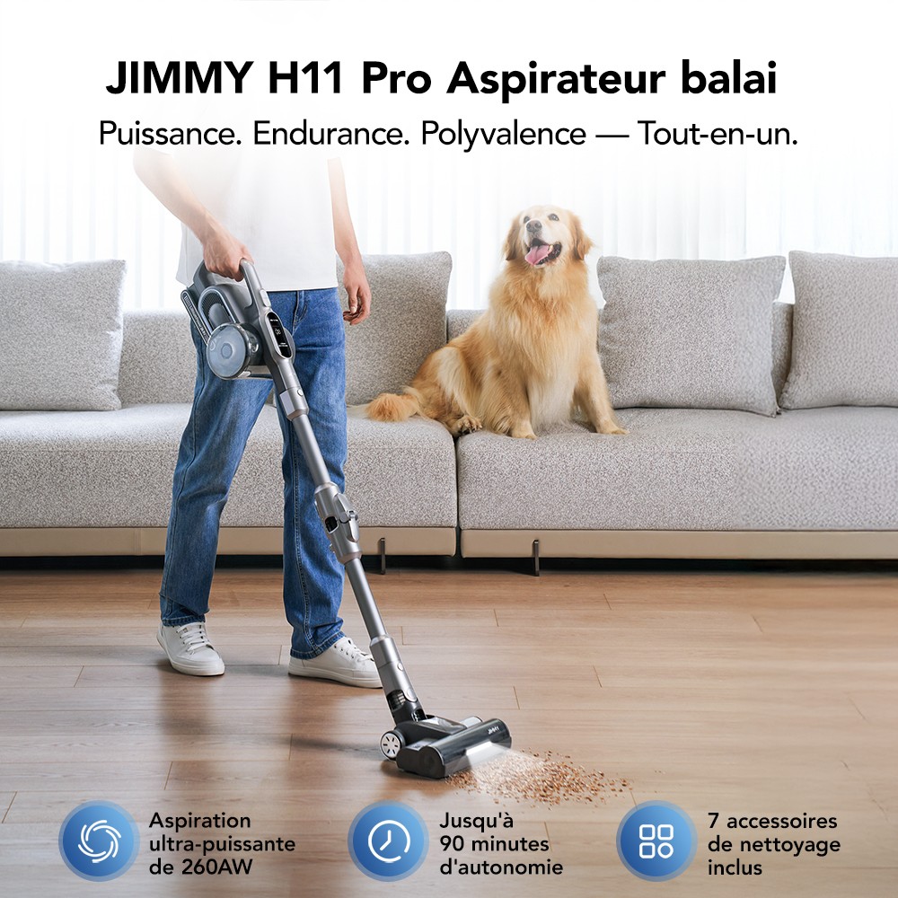 Jimmy H11 Pro Aspirateur sans fil, aspiration 700 W/260 AW, autonomie 90 min, tube flexible, 7 outils de nettoyage, affichage LED, pour tapis/sols durs - Gris fonc&eacute;