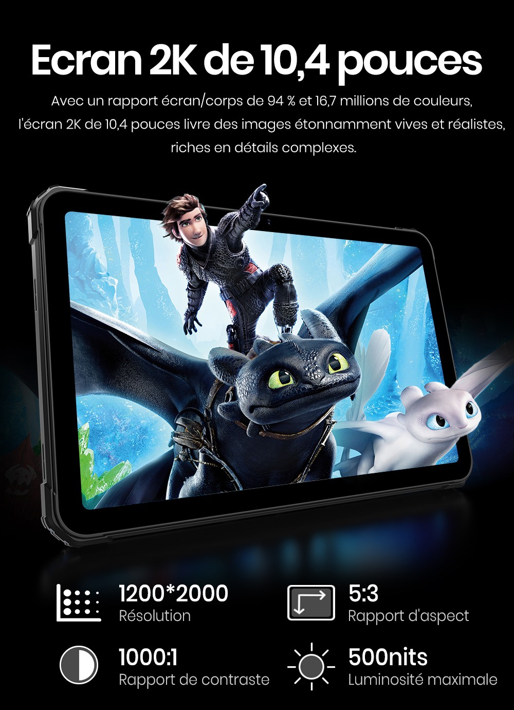 FOSSiBOT DT3 5G Tablette robuste, Android 15, &eacute;cran 10,4 pouces, 12 Go de RAM, 256 Go de ROM, Wi-Fi 6, batterie 21 560 mAh, charge rapide 66 W, appareil photo 64 Mpx + 32 Mpx, d&eacute;verrouillage par empreinte digitale et reconnaissance faciale - Bleu