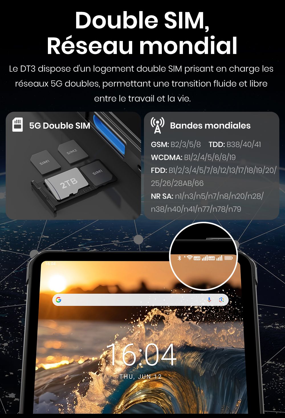 FOSSiBOT DT3 5G Tablette robuste, Android 15, &eacute;cran 10,4 pouces, 12 Go de RAM, 256 Go de ROM, Wi-Fi 6, batterie 21&nbsp;560 mAh, charge rapide 66 W, appareil photo 64 Mpx + 32 Mpx, d&eacute;verrouillage par empreinte digitale et reconnaissance faciale - Gris