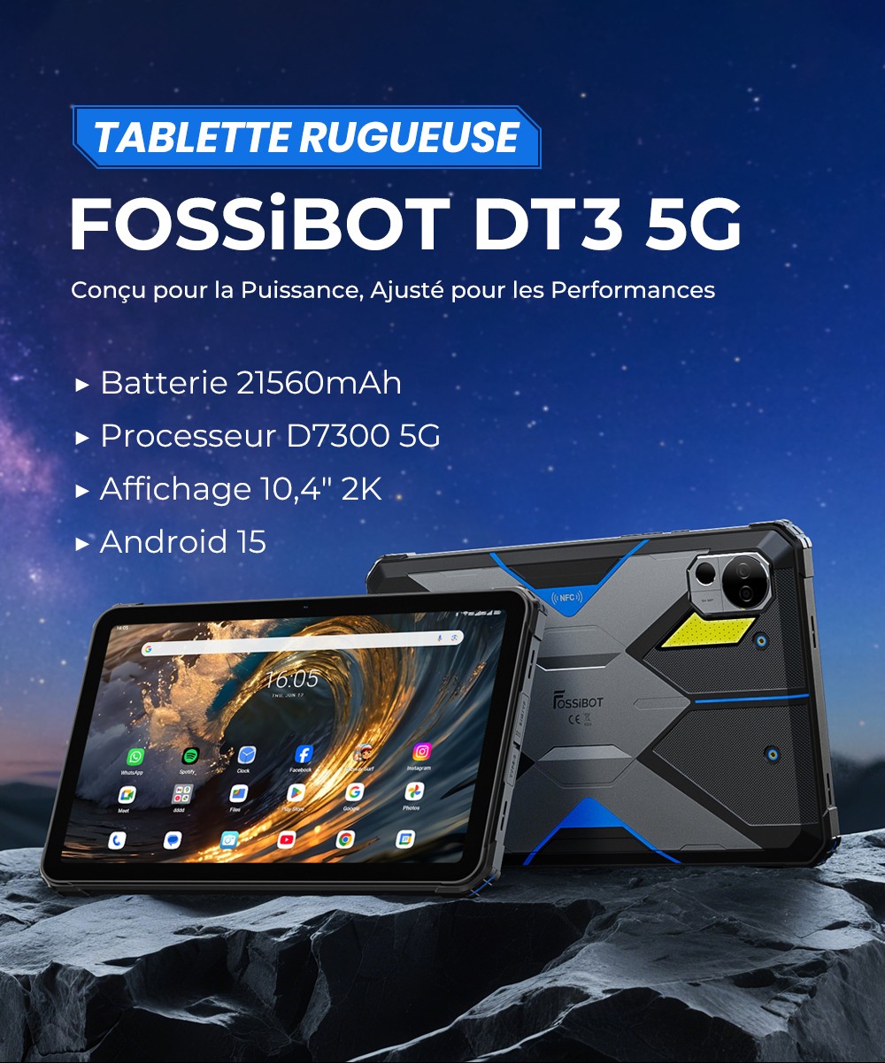 FOSSiBOT DT3 5G Tablette robuste, Android 15, &eacute;cran 10,4 pouces, 12 Go de RAM, 256 Go de ROM, Wi-Fi 6, batterie 21&nbsp;560 mAh, charge rapide 66 W, appareil photo 64 Mpx + 32 Mpx, d&eacute;verrouillage par empreinte digitale et reconnaissance faciale - Gris