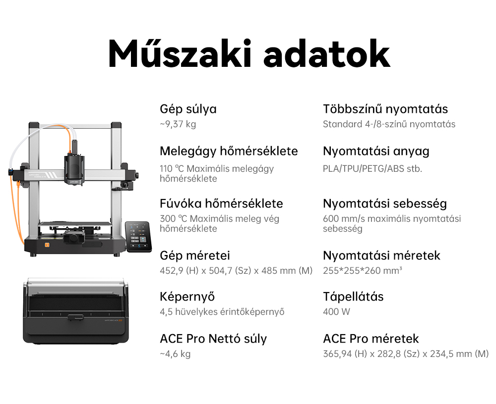 Anycubic Kobra 3 V2 kombin&aacute;lt 3D nyomtat&oacute;, ACE Pro t&ouml;bbsz&iacute;nű, 720P kamera, 600 mm/s sebess&eacute;g, automatikus szintez&eacute;s, filament sz&aacute;r&iacute;t&aacute;s, 255 * 255 * 260 mm