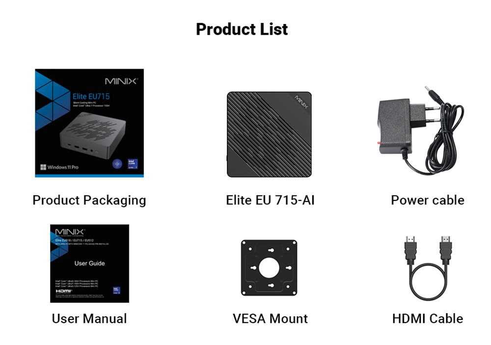 MINIX Elite EU715-AI Mini PC, Intel Core Ultra 7-155H 8 jadier Max 4.8GHz, 32GB DDR5 RAM 1TB SSD, HDMI + DP + Thunderbolt 4 + Type - C Quad 4K@60Hz Display, WiFi 6E, Bluetooth 5.3, 2*2.5G RJ45, 3*USB3.2, 1*Audio Jack - EU/US/UK Plug