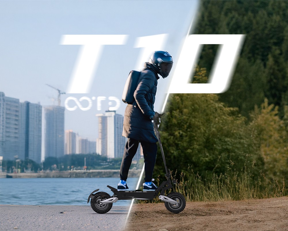 OOTD T10 Trottinette électrique, moteur 500 W, batterie 48 V 13,5 Ah, pneus 11 pouces, vitesse maximale 50 km/h, autonomie 45 km, freins à disque avant et arrière, amortisseurs à ressort avant et arrière