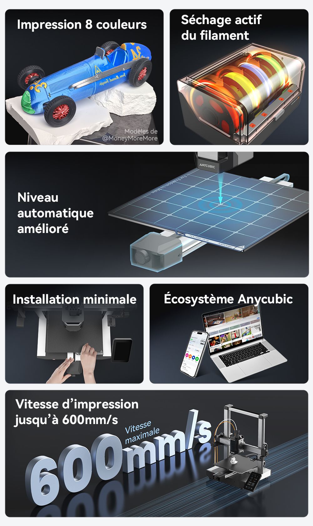 Imprimante 3D Anycubic Kobra 3 V2 Combo, ACE Pro Multicolore, cam&eacute;ra 720p, vitesse 600 mm/s, nivellement automatique, s&eacute;chage du filament, 255 x 255 x 260 mm