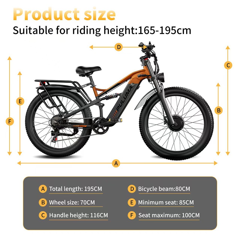 PULUMA PE86 Pro Vélo électrique, moteur 500 W x 2, batterie 48 V 20 Ah, pneus 26 pouces, vitesse maximale 40 km/h, autonomie 150 km, freins hydrauliques, suspension à ressorts à huile, Shimano 7 vitesses, écran LCD, capteur de couple