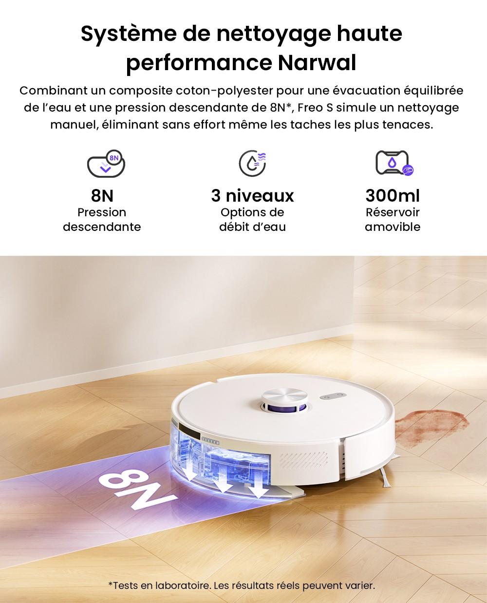 Aspirateur robot Narwal Freo S, d&eacute;poussi&eacute;rage automatique, aspiration 8&nbsp;000 Pa, navigation intelligente et commande vocale