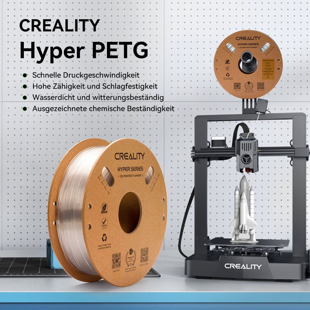 5 St&uuml;ck Creality Hyper-PETG Filament  &ndash; 1kg Wei&szlig; + 1kg Schwarz + 1kg Gr&uuml;n + 1kg Transparent + 1kg Grau
Produkt&uuml;bersicht: