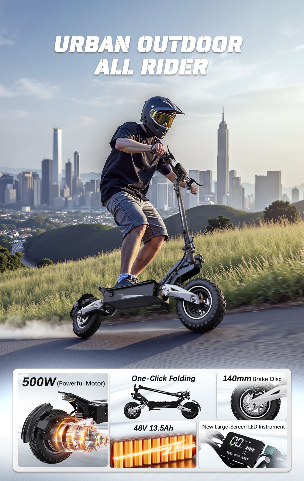OOTD T10 Trottinette électrique, moteur 500 W, batterie 48 V 13,5 Ah, pneus 11 pouces, vitesse maximale 50 km/h, autonomie 45 km, freins à disque avant et arrière, amortisseurs à ressort avant et arrière