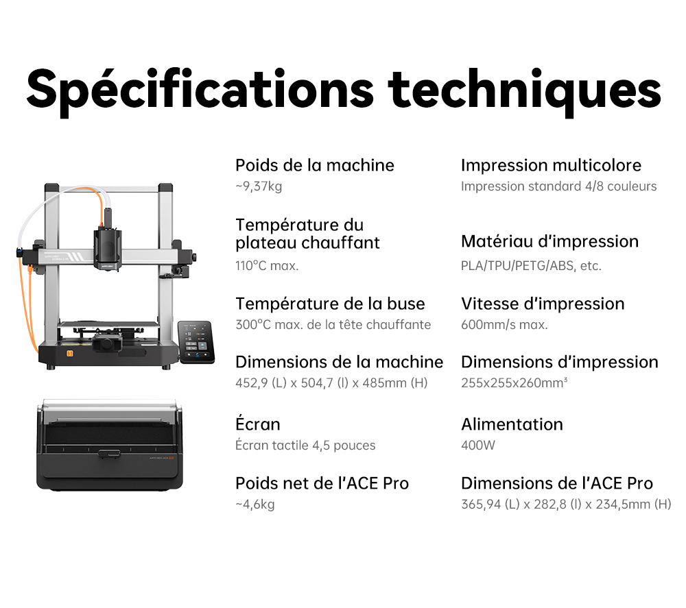 Imprimante 3D Anycubic Kobra 3 V2 Combo, ACE Pro Multicolore, cam&eacute;ra 720p, vitesse 600 mm/s, nivellement automatique, s&eacute;chage du filament, 255 x 255 x 260 mm