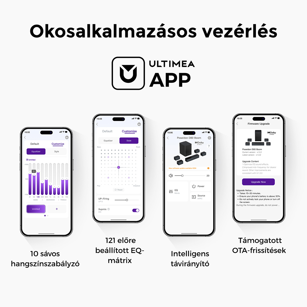 Ultimea Poseidon D80 Boom 7.1 Soundbar + 2 p&aacute;r * Steady 300 hangsz&oacute;r&oacute;&aacute;llv&aacute;ny, Dolby Atmos, 500 W cs&uacute;csteljes&iacute;tm&eacute;ny, alkalmaz&aacute;svez&eacute;rl&eacute;s, 10 s&aacute;vos hangsz&iacute;nszab&aacute;lyz&oacute; be&aacute;ll&iacute;t&aacute;s, 121 előre be&aacute;ll&iacute;tott EQ m&aacute;trix, Bluetooth 5.3