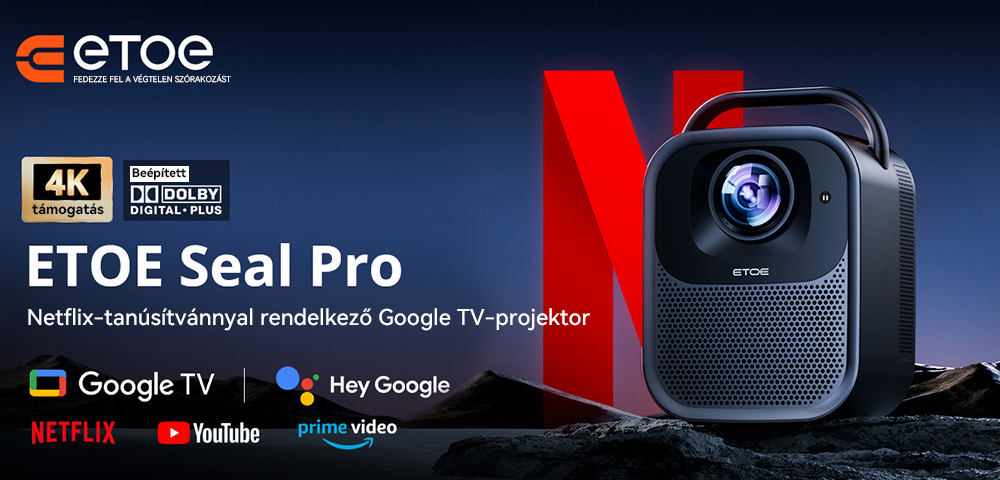 [Netflix és Google TV tanúsítvánnyal rendelkező] ETOE Seal Pro 1000 ANSI LCD projektor, natív 1080P felbontás, Dolby Audio tanúsítvánnyal, autofókusz, automatikus trapézkorrekció, 2 db 10 W-os hangszóró, beépített Chromecast, Google Asszisztens