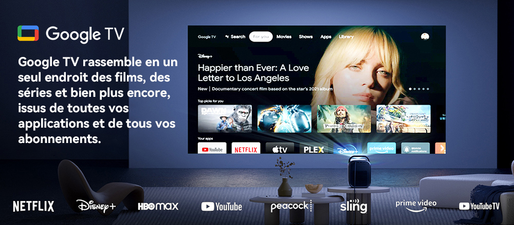 [Certifié Netflix et Google TV] Projecteur LCD ETOE Seal Pro 1000 ANSI, 1080P natif, certifié Dolby Audio, mise au point automatique. Correction automatique du trapèze, 2 haut-parleurs de 10 W, Chromecast intégré, Google Assistant