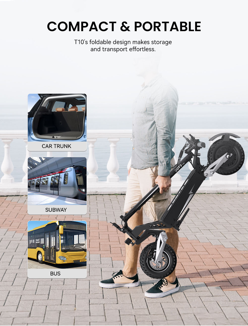 OOTD T10 Trottinette électrique, moteur 500 W, batterie 48 V 13,5 Ah, pneus 11 pouces, vitesse maximale 50 km/h, autonomie 45 km, freins à disque avant et arrière, amortisseurs à ressort avant et arrière
