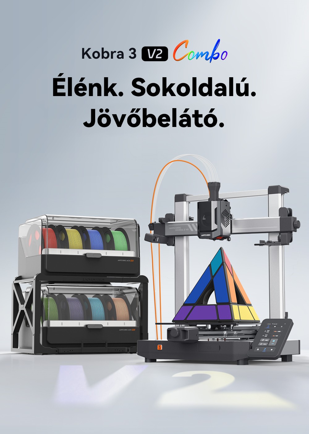 Anycubic Kobra 3 V2 kombin&aacute;lt 3D nyomtat&oacute;, ACE Pro t&ouml;bbsz&iacute;nű, 720P kamera, 600 mm/s sebess&eacute;g, automatikus szintez&eacute;s, filament sz&aacute;r&iacute;t&aacute;s, 255 * 255 * 260 mm